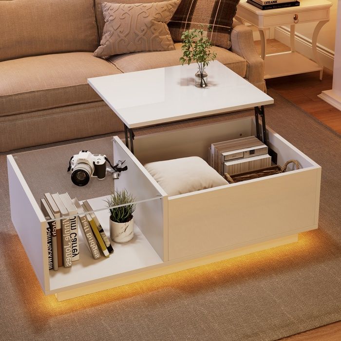 Table basse salon moderne Relevage Hydraulique 1 Compartiment Rangement en Verre LED Hauteur Réglable100x50x33cm Blanc brillant