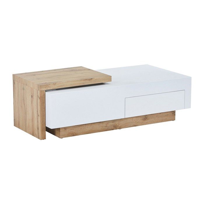 Table basse extensible en MDF avec 1 tiroir et 1 niche - Naturel et Blanc - MANDREA