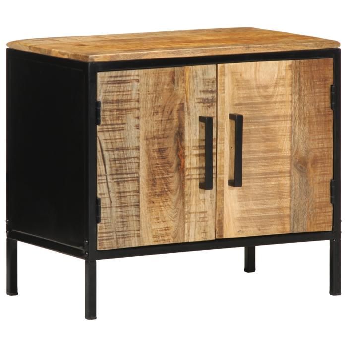 Table de chevet - 50x30x45 cm - Bois de manguier massif - Cadre métal - 2 portes