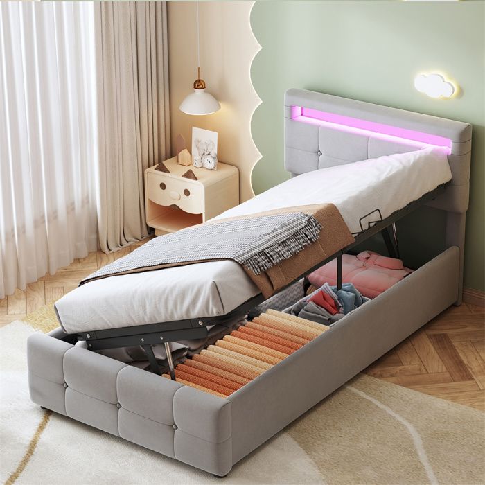 Lit enfant rembourré 90x200 cm gris – coffre hydraulique LED intégrée tête de lit réglable