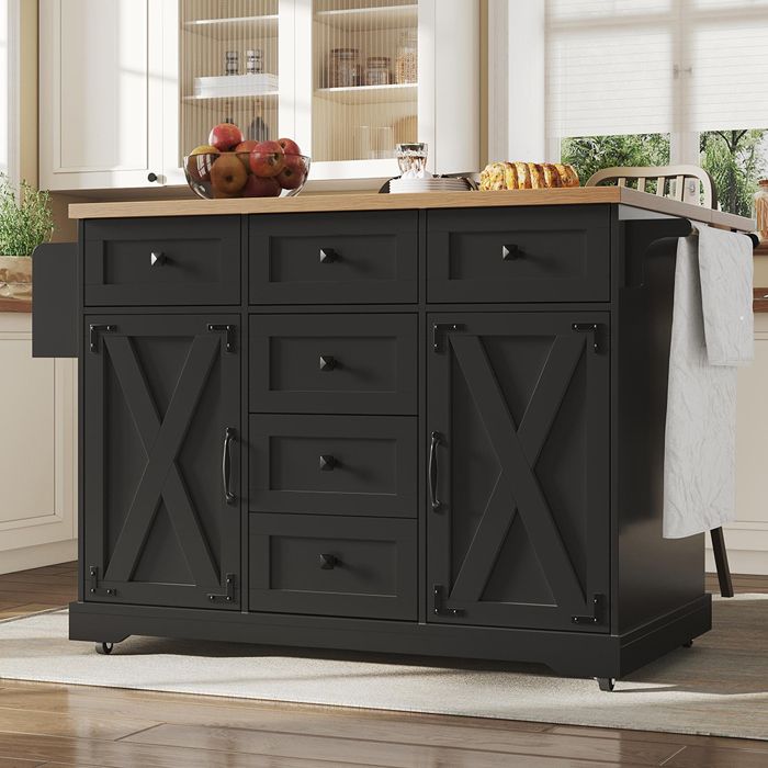 Îlot De Cuisine Rustique Fait Main - 4 Tiroirs - Bois Bleu - 100x80x90 Cm