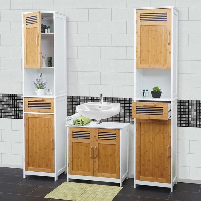 Meubles de salle de bain HWC-A85 2x armoire haute meuble sous évier bambou blanc