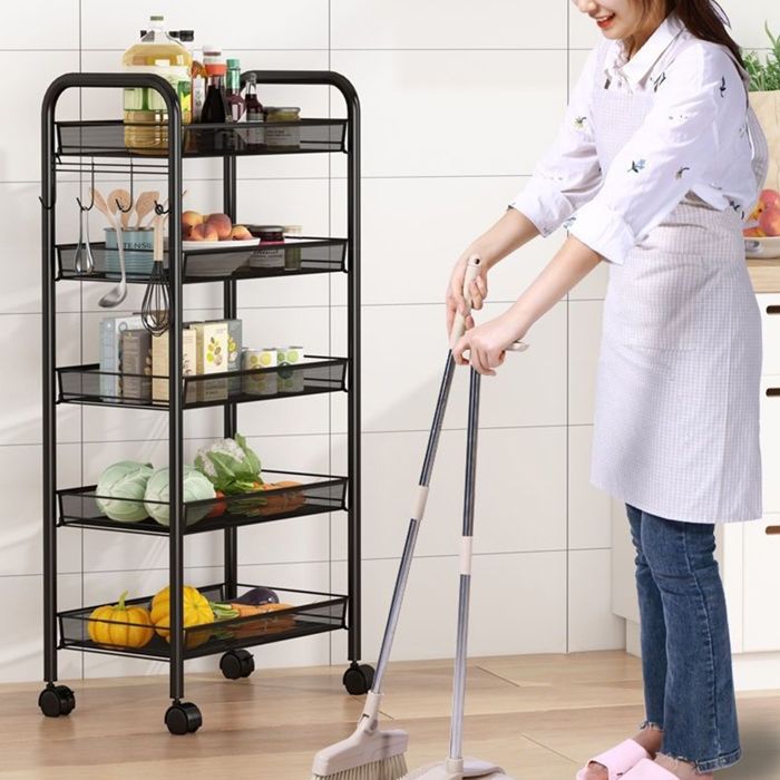 Chariot de service à roulettes - Desserte de cuisine à 5 niveaux acier - paniers métalliques amovibles - NOIR - 44*27*105cm