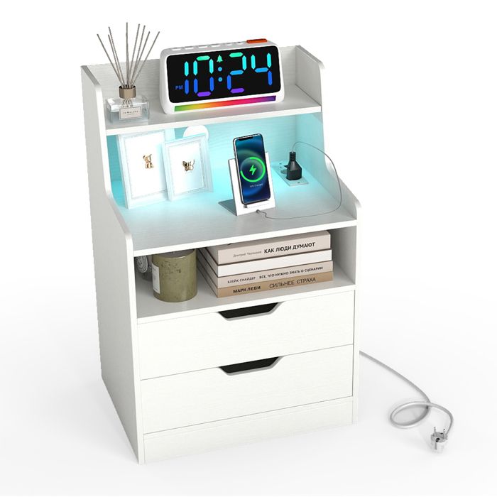 COSTWAY Table de Chevet LED avec Prise Intégrée 2 Prises Port USB Type-C 2 Tiroirs Étagère Ouverte pour Salon Chambre Noir COSTWAY Table de Chevet LED avec Prise Intégrée 2 Prises Port USB Type-C 2 Tiroirs Étagère Ouverte pour Salon Chambre Noir