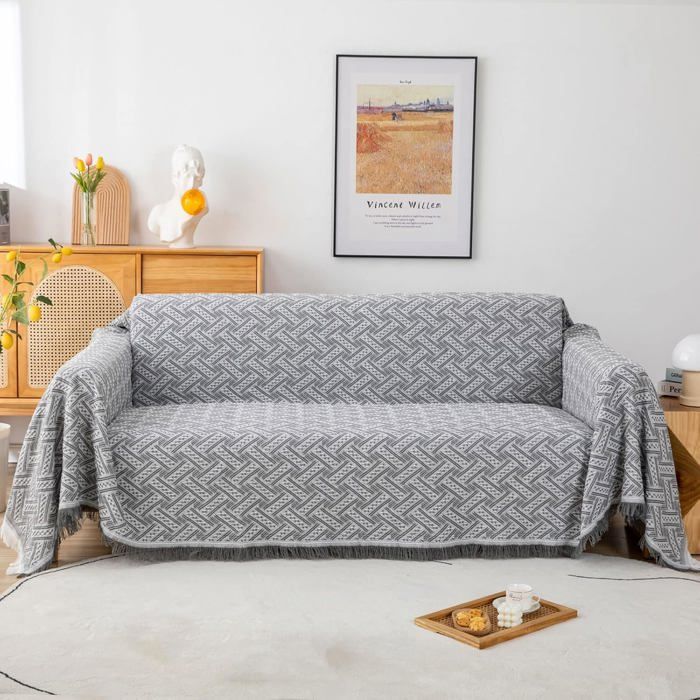 Couvre-lit ou housse de canapé multifonctionnelle housse de canapé à pompons grise et blanche 180 x 230 cm gris et blanc