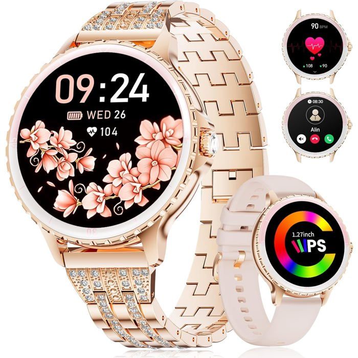 Montre Connectée LIGE Femme 127 HD Rose Doré Acier Inoxydable Diamant Sport