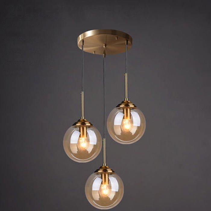 Lustre en laiton vintage industriel à 3lumières Boule de verre ambre Suspension Cluster E27 Suspension pour îlot de cuisine Salon