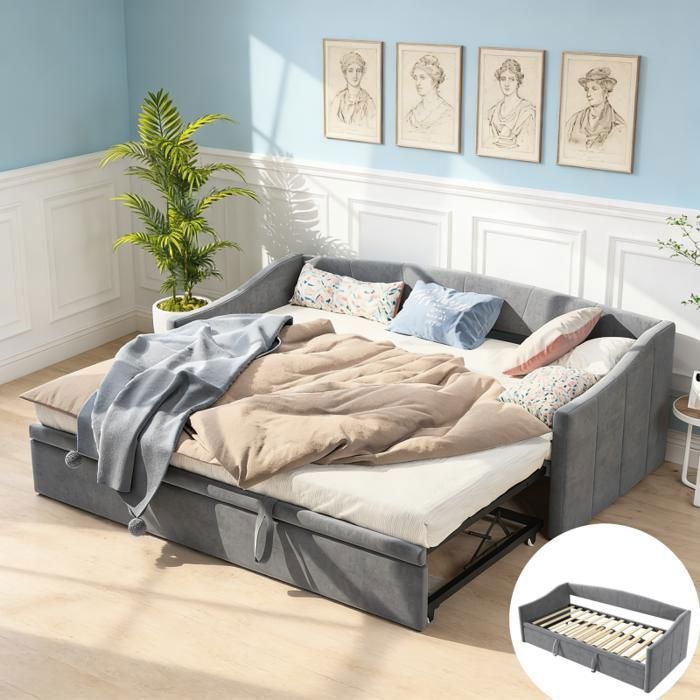 Canapé-Lit Convertible 2 Places 180x200 Cm - Velours Doux, Mécanisme Hydraulique, Sommier à Lattes - Dimensions Canapé : 215x100x75 Cm - Gris Ou Beige