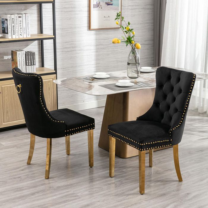 Lot de 2 Chaises de Salle à Manger Chaise de Cuisine Dossier à Ailes Pieds en métal doré Rembourrée Noir velours