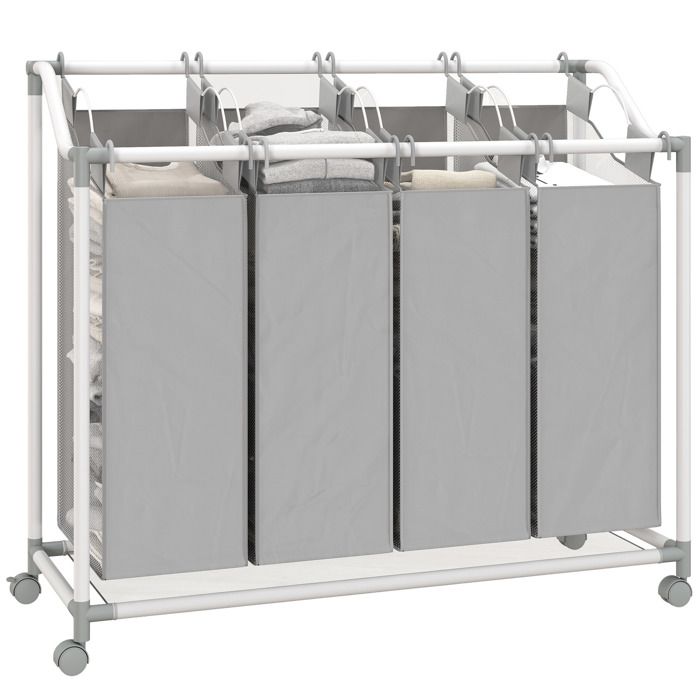 Panier à linge - HOMCOM - sur roulettes - 4 sacs amovibles - 4 x 40L - métal et tissu Oxford - 97 x 38 x 81 cm - gris