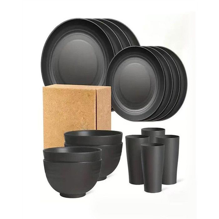 Service de table16 pièces assiettes bols et tasses Durable et empilable-SONOOK®-il est fabriqué en polypropylène (PP) sans BPA Noir