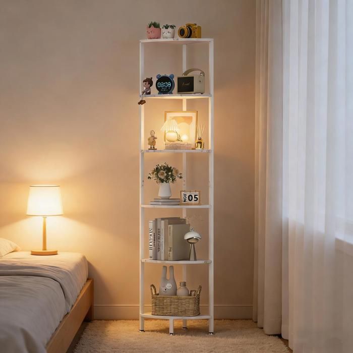 Étagère d’Angle PIPIPOXER Bibliothèque dangle avec lumière LED Étagère de Rangement à 6 Niveaux 30x30x172cm Marbre