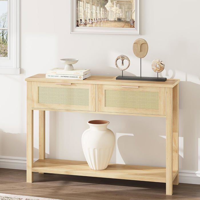 Table Console à 2 Niveaux Meuble d’Entrée Table dappoint avec 2 Tiroirs en Rotin et Étagère pour Couloir Chambre Salon Beige