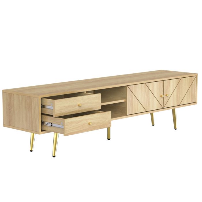 Meuble TV effet bois avec portes rainurées en biais pieds métal dorés et 2 tiroirs