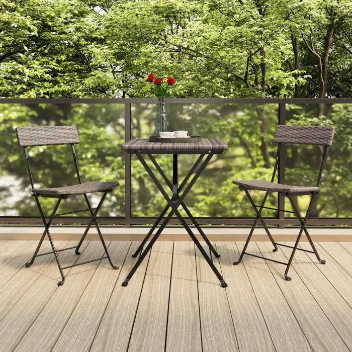 Gris Chaises de bistrot pliantes lot de 2 Gris Résine tressée acier - SIEGE de jardin H16763