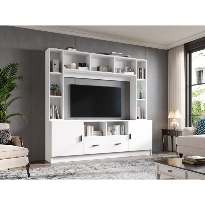 Meuble TV mural blanc L 180 x P 35 x H 170 cm 2 placards 2 tiroirs 11 niches anti-basculement