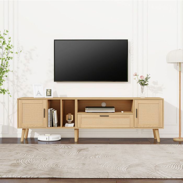 Meuble TV chêne L 180 x P 40 x H 45 cm 2 portes rotin 1 tiroir gestion des câbles