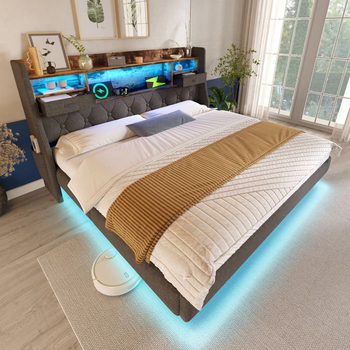 Lit Rembourré 140x200 cm Lit Double avec Effet Flottant LED Tête de Lit Capitonnée Charge USB Sommier à Lattes - Tissu Lin - Gris
