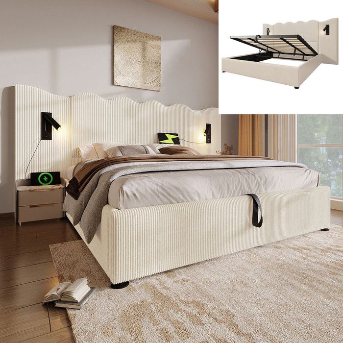 Lit Coffre 180x200cm - 2 Places pour Adulte - Lampe de lecture rotative 360° - Ports de charge USB et Type-C