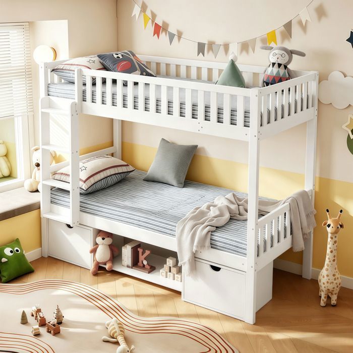 Lit superposé enfant 90×200 cm avec 2 compartiments rangement et étagères ouvertes lit double équipé barrières de sécurité blanc