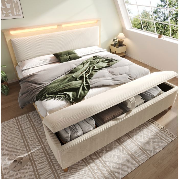 Lit double 140 x 200 cm en bois clair avec tête de lit rangement LED et banc coffre beige