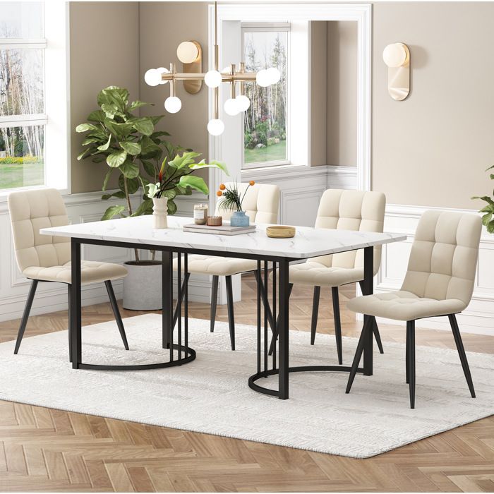 Table de salle à manger 4 Personnes avec 4 Chaises en Velours et Pieds Réglables - ELVMI - MDF Blanc 140×80×75 cm