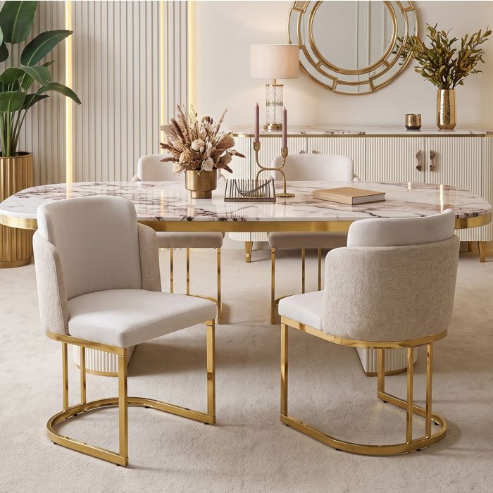 HOMVRA Lot de 4 chaises de salle à manger avec accoudoirs chenille beige et pieds en métal doré