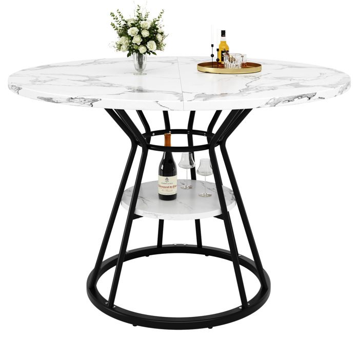 ELVORIN Table à manger ronde 100 x 100 x 76 cm plateau MDF effet marbre pieds en métal noir étagère centrale montage 10 min