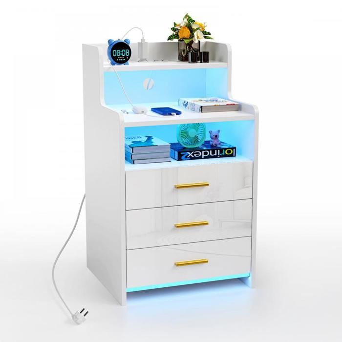 KEDIA Pack de 1 Table de Chevet Blanc 45x40x76.5cm Avec Prise Pour Chambre avec Lumière LED Table de Nuit en Bois avec 3 Tiroirs