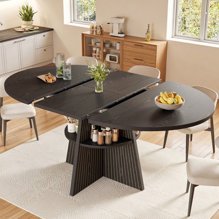 Table à manger extensible avec rangement pieds plateau épais angles arrondis noir 110-150x110x76cm meuble compact salon