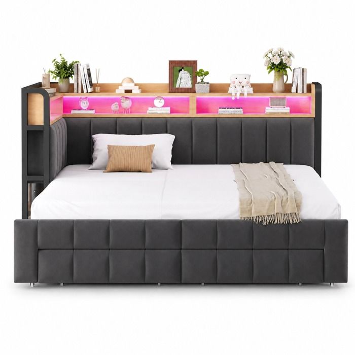 Lit canapé 90/180x200 cm rembourré en velours gris foncé partie extensible tiroirs rangements LED USB