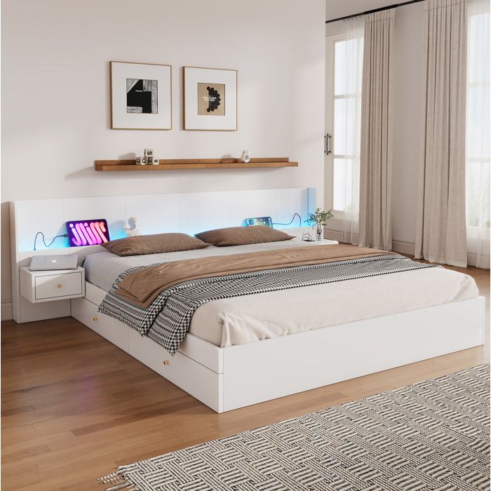 Lit double 180x200 blanc avec ports USB prise intégrée LED APP tables de chevet tiroirs sommier inclus ORVRYN