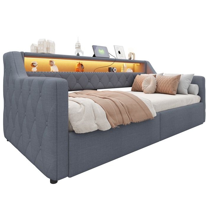 Lit banquette Avec barre déclairage LED Matelas non inclus Gris 90 × 200 cm Espace de rangement hydraulique