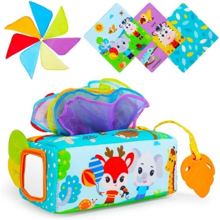 Boîte à Tissus pour Bébé Montessori Bebe Eveil 0-6 Mois, Boîte à Mouchoirs  Boîte à avec Jouet à Mâcher Et Miroir Jouet Sensoriel