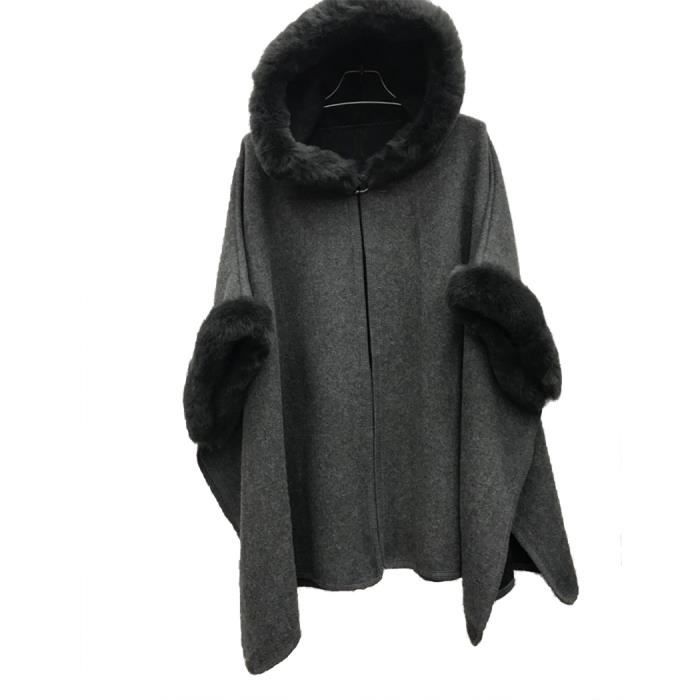 Poncho Femme en Fourrure Fausse Capuche Manteau de Laine en