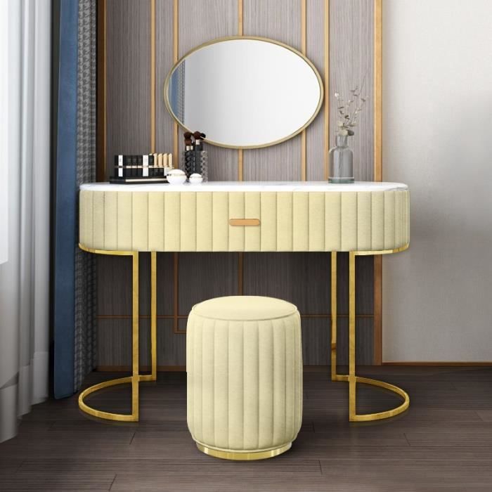 coiffeuse à tiroir dessus de table en faux marbre vita - velours beige