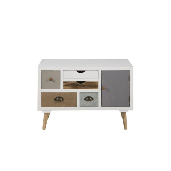Thames Commode blanche avec 1 porte et 5 tiroirs de couleurs différentes. Livrée complètement montée. Thames Commode blanche avec 1 porte et 5 tiroirs de couleurs différentes. Livrée complètement montée.