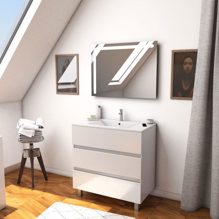 Ensemble Meuble de salle de bain blanc 60cm sur pied a 3 tiroirs