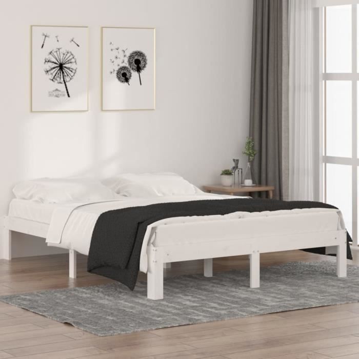 Cadre de lit - FYDUN - A810346 - Bois massif - 140x190 cm - Blanc - 2 places