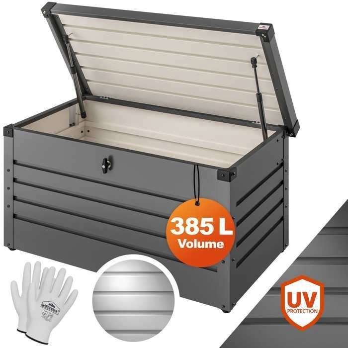 Coffre de Rangement en Métal Anthracite 385 L GARDEBRUK® 120x62 cm Verrouillable Coffre jardin Coussin Rangement