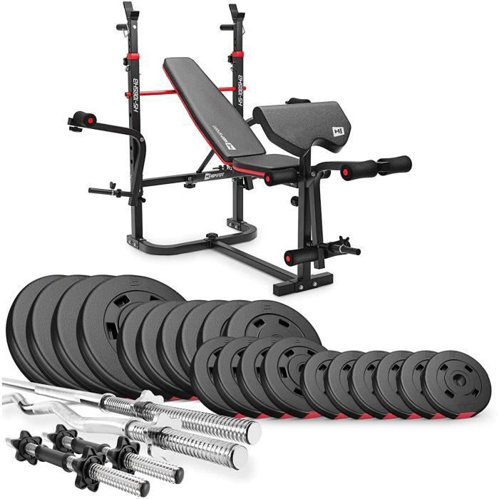 Hop-Sport Banc de Musculation Power Station HS-1065 avec Barre Longue, Curl EZ et Barres Courtes Set d'haltères de 105 kg