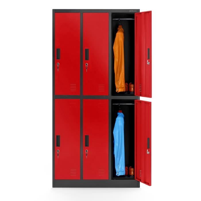 armoire vestiaire 3b2a armoire métallique casier 6 compartiments en tôle d'acier thermolaquée 185 cm x 90 cm x 45 cm (rouge)