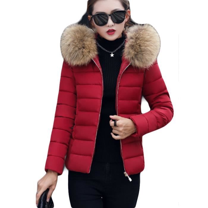 Doudoune Bordeaux femme slim a capuche en fausse fourrure Vetement Bordeaux Cdiscount Pret a Porter