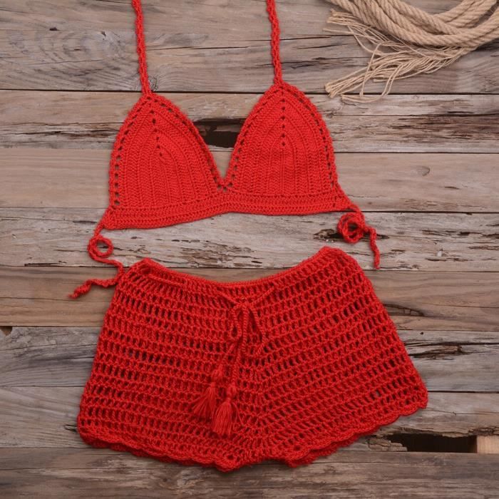 Tricoté soutien-gorge haut Bikini ensemble femmes maillot de bain fait à la main Crochet Bikini