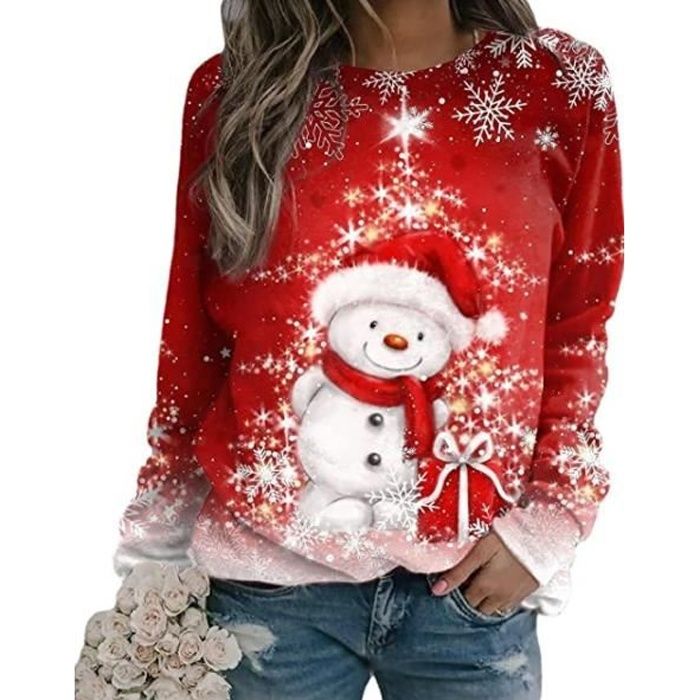 Pull Noel Femme Manches Longues Col Rond Rigolo Noel Pull Christmas Moche Sweat Multicolore Imprime Bonhomme de Neige Sweatshirt