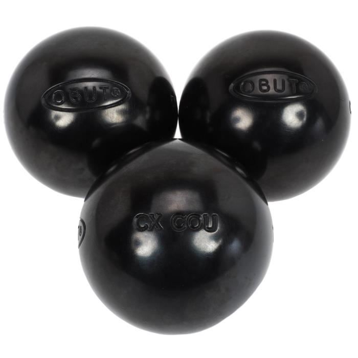 Obut MATCH Boules De Pétanque 75mm 710gr Lisse - Set 3 Boules Noir Satiné Avec Jack Et Sac