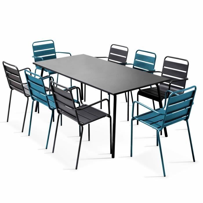 Salon de jardin 1 table et 8 fauteuils - 180 x 90 x 72 cm - Acier - Palavas - Bleu Pacific