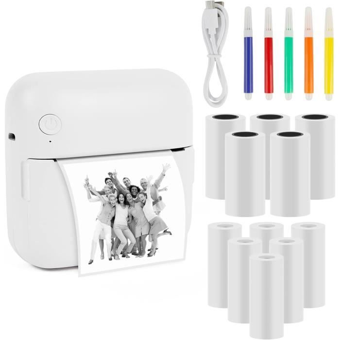 Imprimante Photo Thermique Mini Portable Bluetooth - Sans Encre, Avec 5 Rouleaux De Papier Et Stylos - Compatible IOS/Android