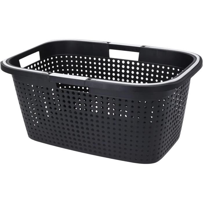 Panier à Linge Noir 60x39 Cm - Avec Poignées Rabattables - 45L Plastique Recyclé - Rangement Maison