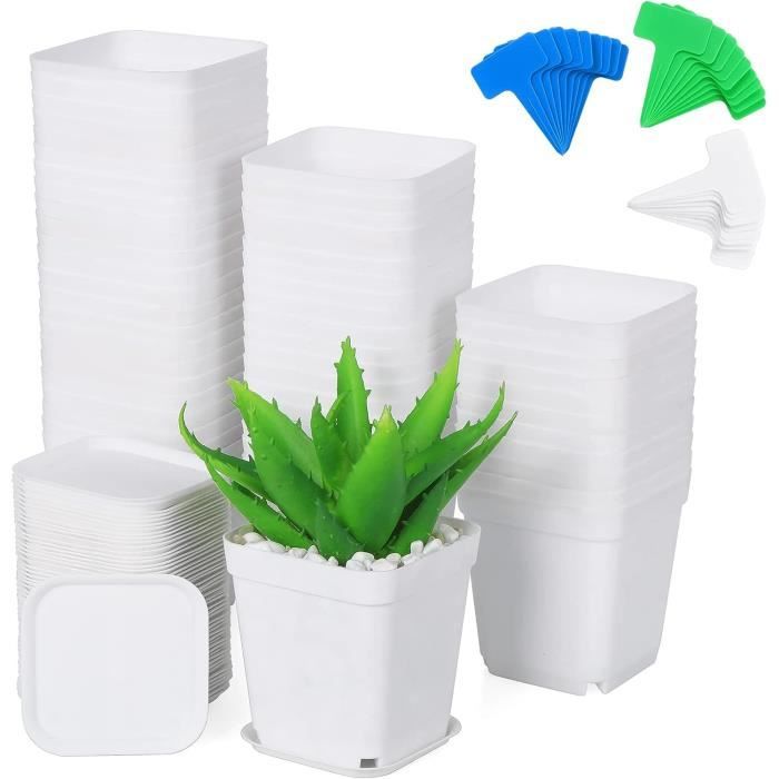 PFLYPF Lot De 50 Pots De Fleurs Carrés Et 10 étiquettes De Plantes, Pots De Semis En Plastique, Pots De Jardinage Avec Trous De Drainage, Pour Planter Des Semis, Des Légumes Et